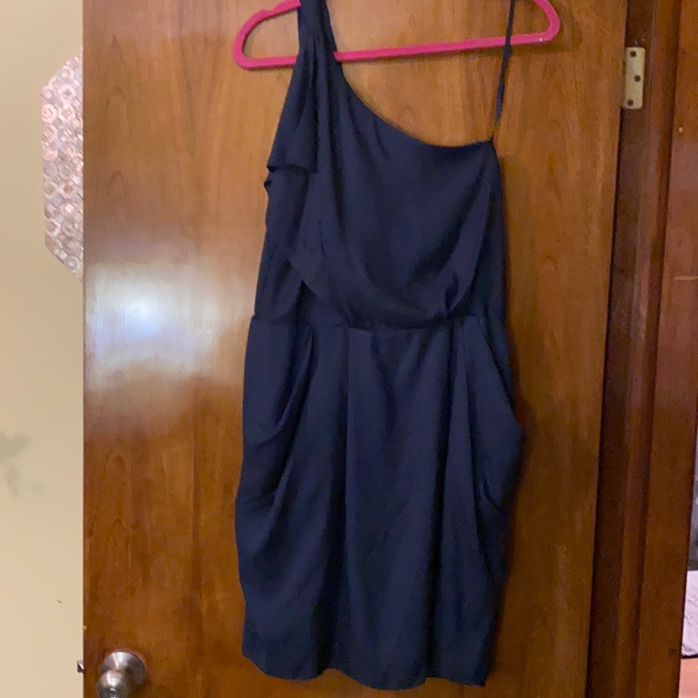 BCBG Navy Blue one shoulder dress. Pockets!